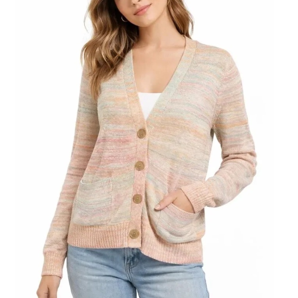J. Crew Pastel Multicolor Rainbow V-Neck Cotton Button Front Cardigan - Picture 2 of 10